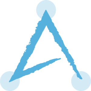 monogramme de legasphere avec les 3 pointes du triangle mises en lumiere avec des cercles bleues